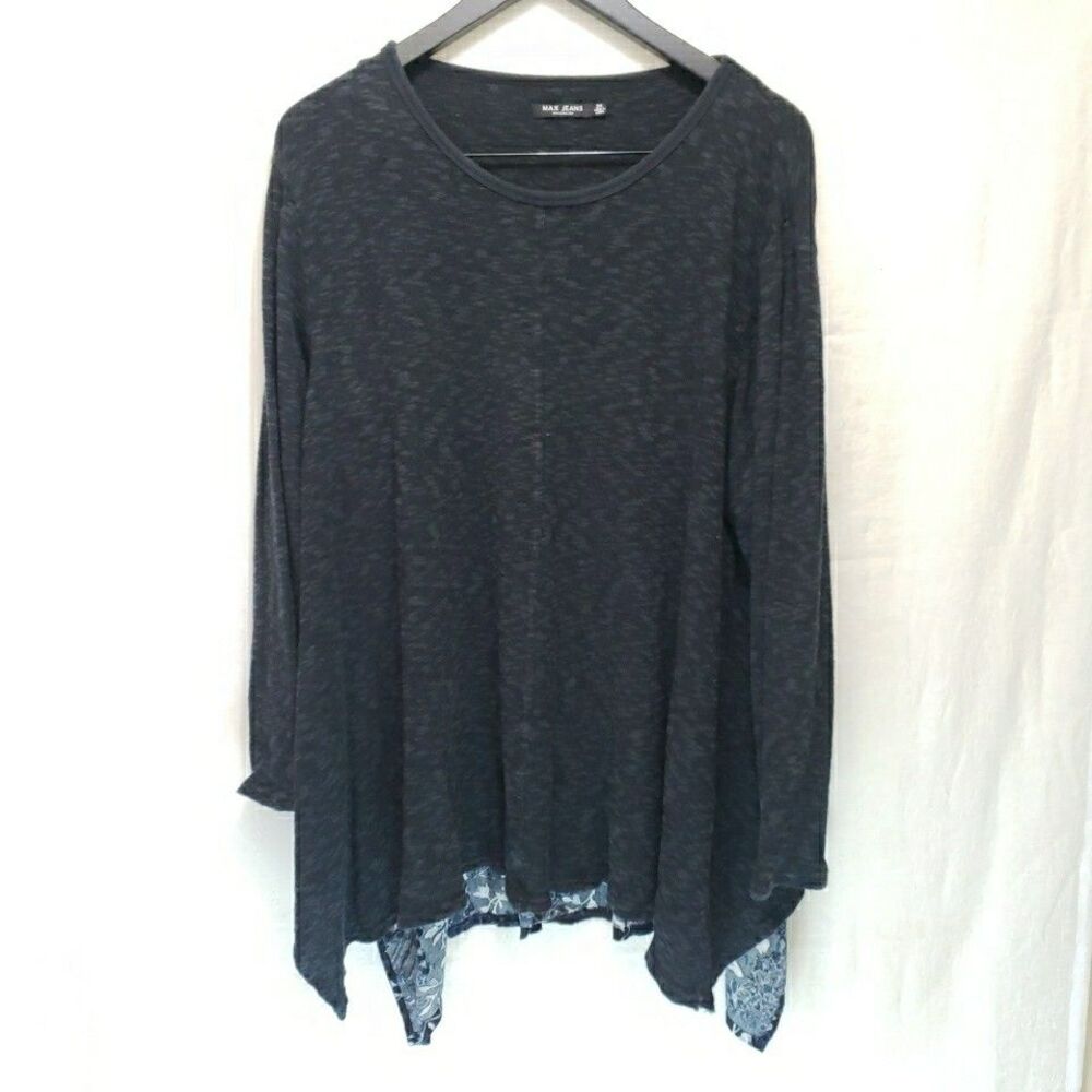 Max Jeans Womens Blouse Gray Floral Heathered Scoop Neck Stretch Top Plus 2X